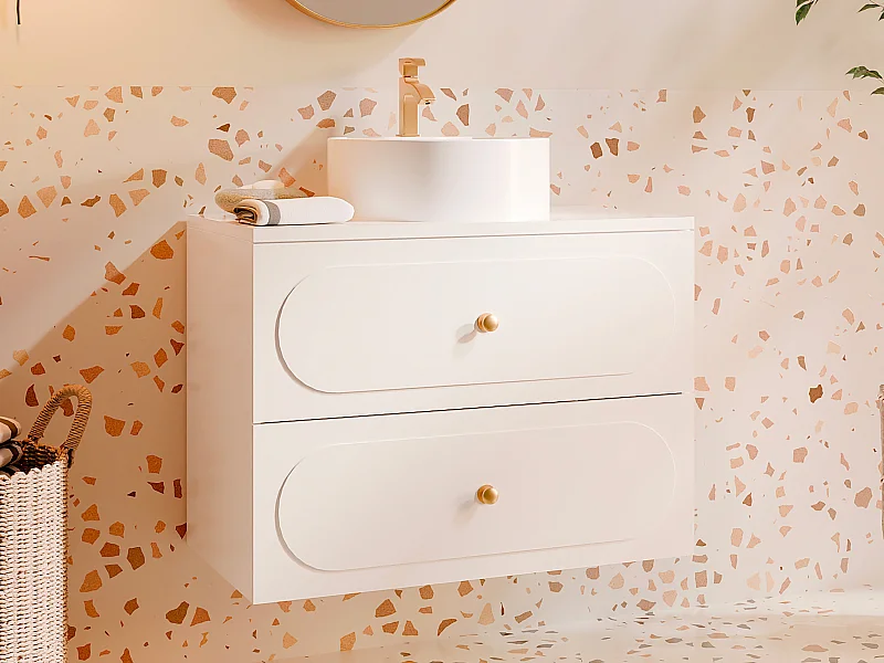 Meuble de salle de bain suspendu  avec vasque à poser ronde - Blanc - 80 cm - SATOBAL