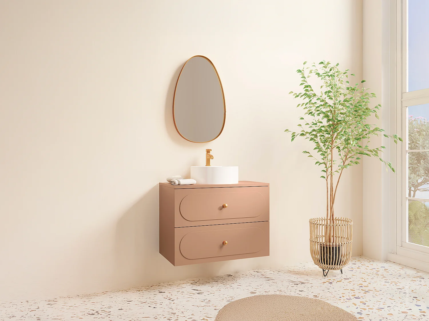 Mueble de baño suspendido con lavabo sobre encimera redondo - Rosa viejo - 80 cm - SATOBAL