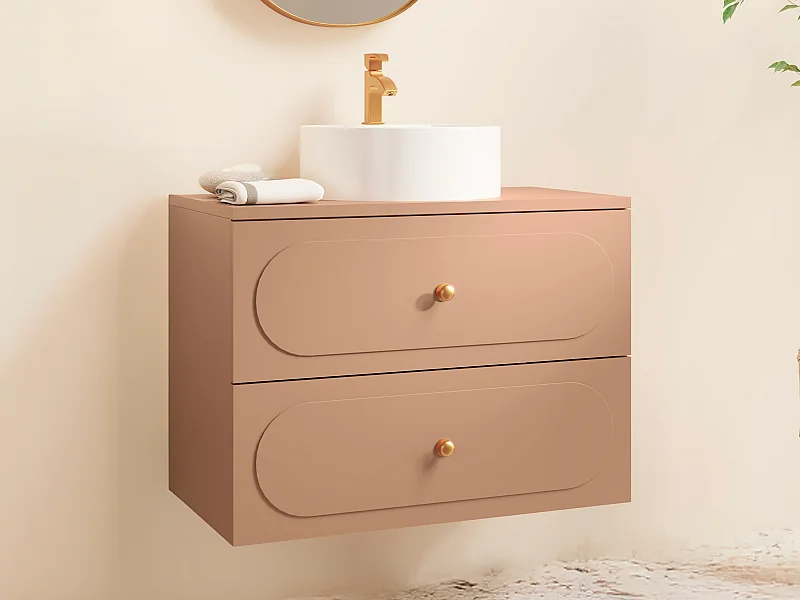 Meuble de salle de bain suspendu  avec vasque à poser ronde - Vieux rose - 80 cm - SATOBAL