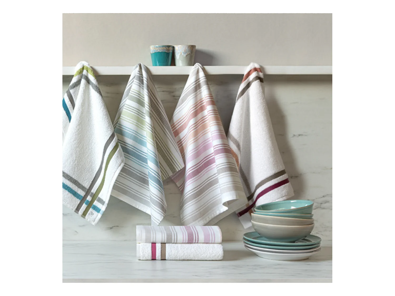 Lot de 2 torchons de cuisine toile 50x70 cm collection LINE bleu/vert