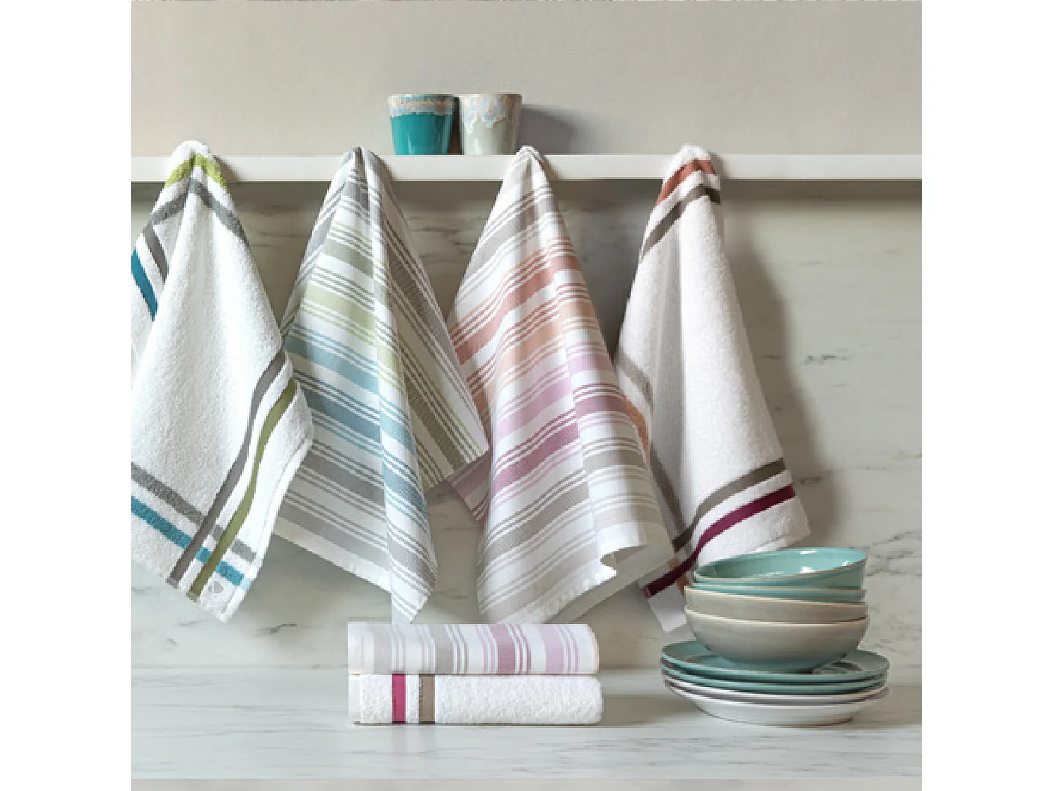 Lot de 2 torchons de cuisine toile 50x70 cm LINE rose/orange