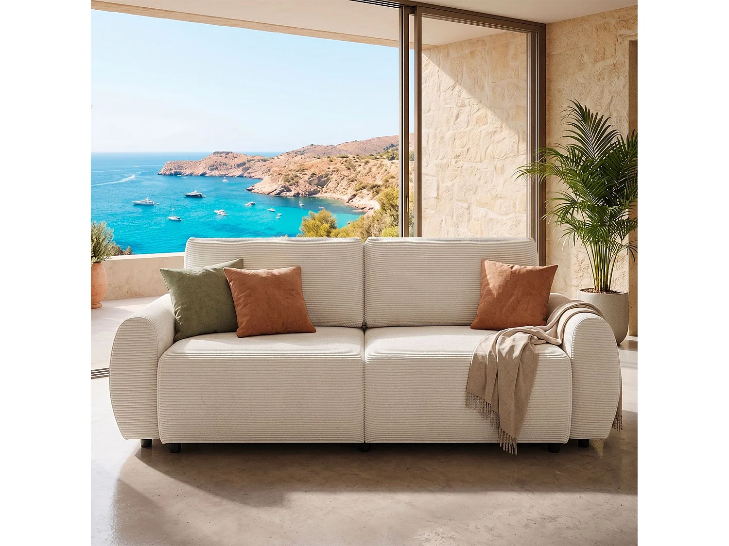 Canapé convertible 3 places Traviata Velours côtelé Beige