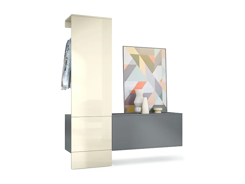Penderie Carlton Set 4, Meuble d’entrée comprenant 1 panneau porte-manteaux, 1 module de commode, anthracite mat/crème haute brillance (156,5 x 193 x 35 cm)