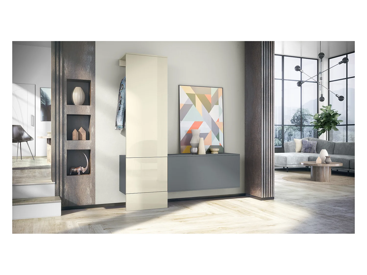 Penderie Carlton Set 4, Meuble d’entrée comprenant 1 panneau porte-manteaux, 1 module de commode, anthracite mat/crème haute brillance (156,5 x 193 x 35 cm)