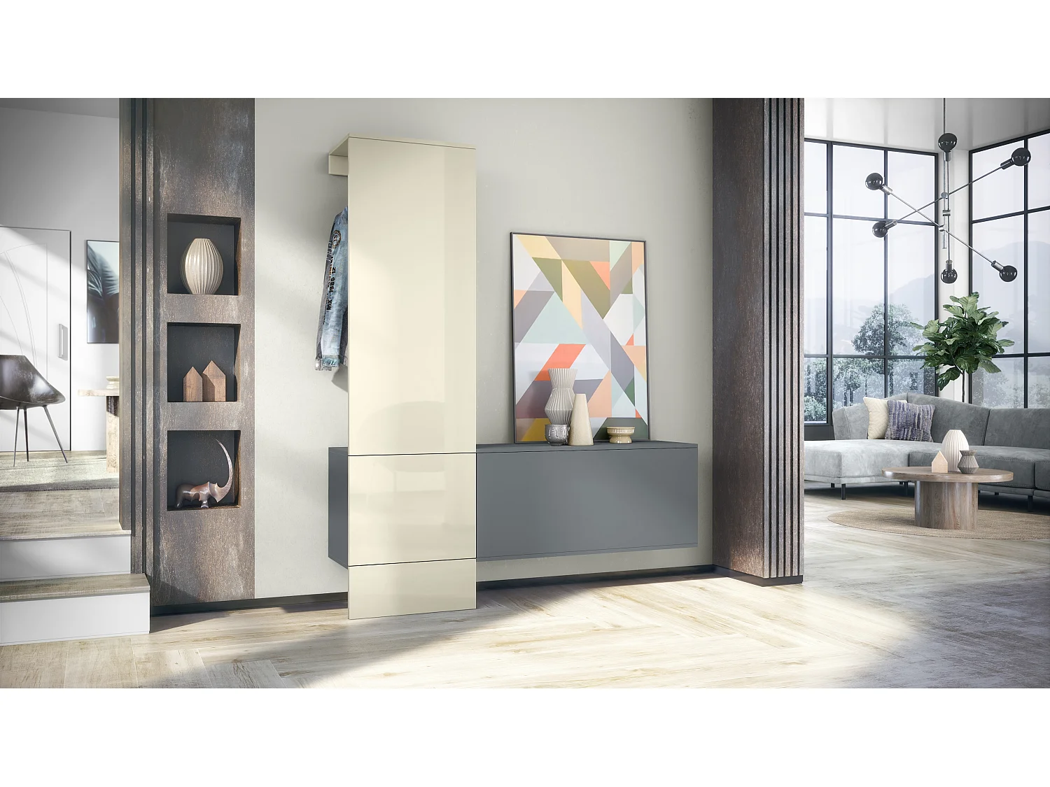 Penderie Carlton Set 4, Meuble d’entrée comprenant 1 panneau porte-manteaux, 1 module de commode, anthracite mat/crème haute brillance (156,5 x 193 x 35 cm)