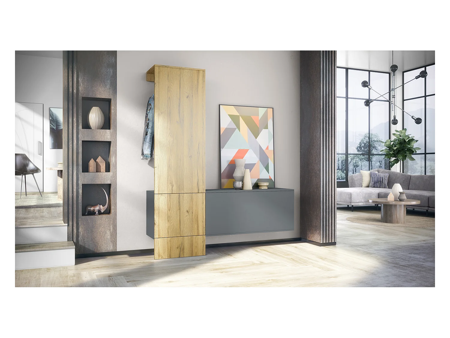 Penderie Carlton Set 4, Meuble d’entrée comprenant 1 panneau porte-manteaux, 1 module de commode, anthracite mat/chêne nature (156,5 x 193 x 35 cm)