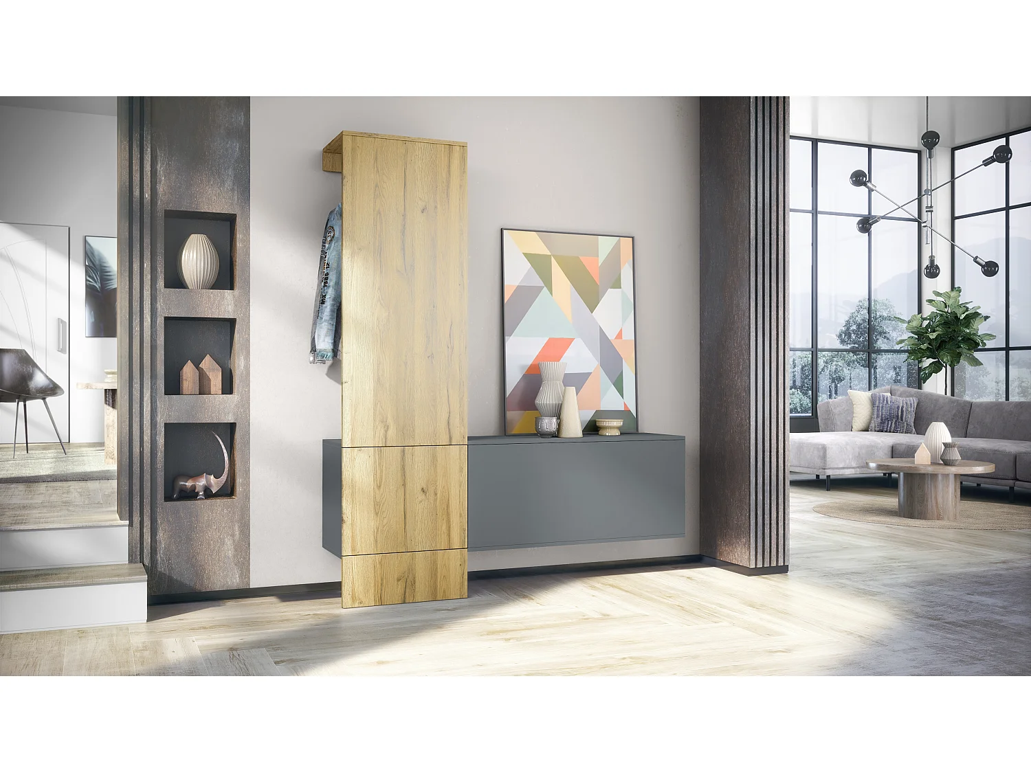 Penderie Carlton Set 4, Meuble d’entrée comprenant 1 panneau porte-manteaux, 1 module de commode, anthracite mat/chêne nature (156,5 x 193 x 35 cm)