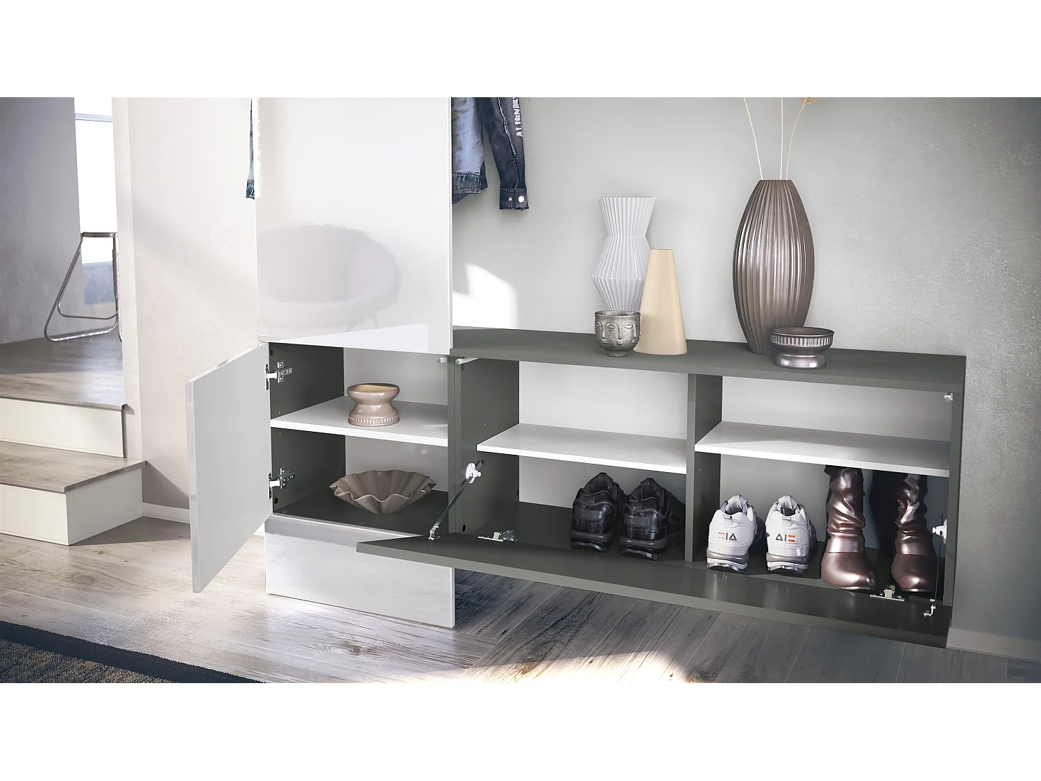 Penderie Carlton Set 4, Meuble d’entrée comprenant 1 panneau porte-manteaux, 1 module de commode, anthracite mat/chêne nature (156,5 x 193 x 35 cm)