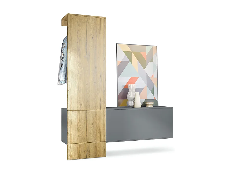 Penderie Carlton Set 4, Meuble d’entrée comprenant 1 panneau porte-manteaux, 1 module de commode, anthracite mat/chêne nature (156,5 x 193 x 35 cm)