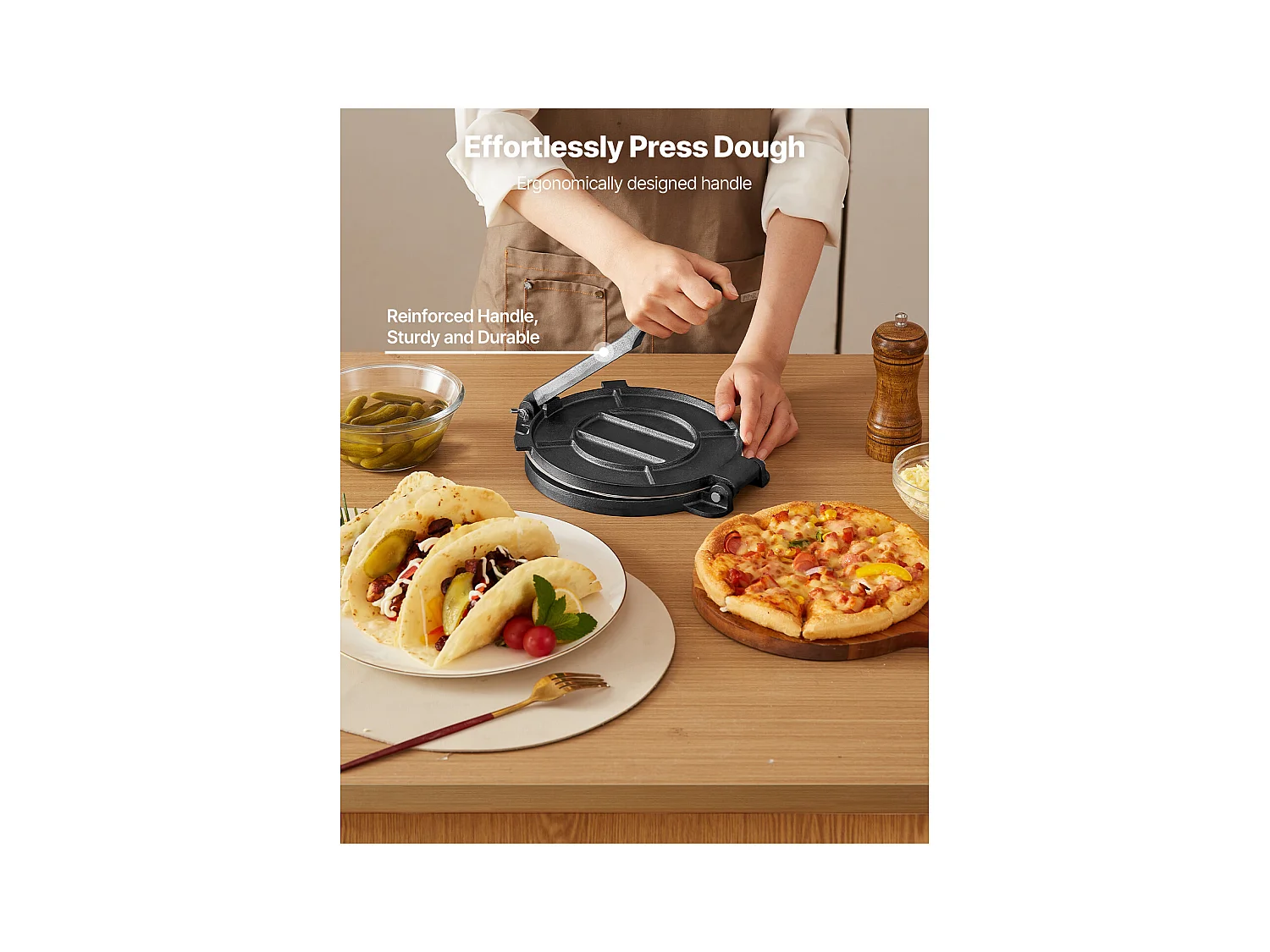 Presse à Tortillas SucceBuy en Fonte Résistant, Appareil à Chapati de 25 cm, avec Poignée et 100 Feuilles de Papiers-Parchemins, pour Tortilladoras