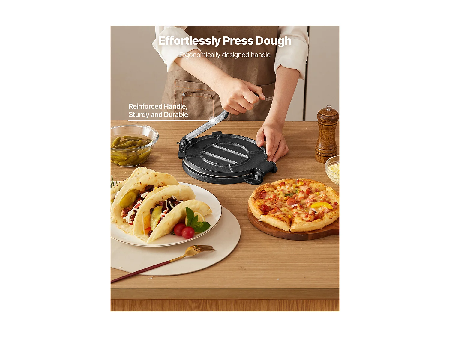 Presse à Tortillas SucceBuy en Fonte Résistant, Appareil à Chapati de 25 cm, avec Poignée et 100 Feuilles de Papiers-Parchemins, pour Tortilladoras