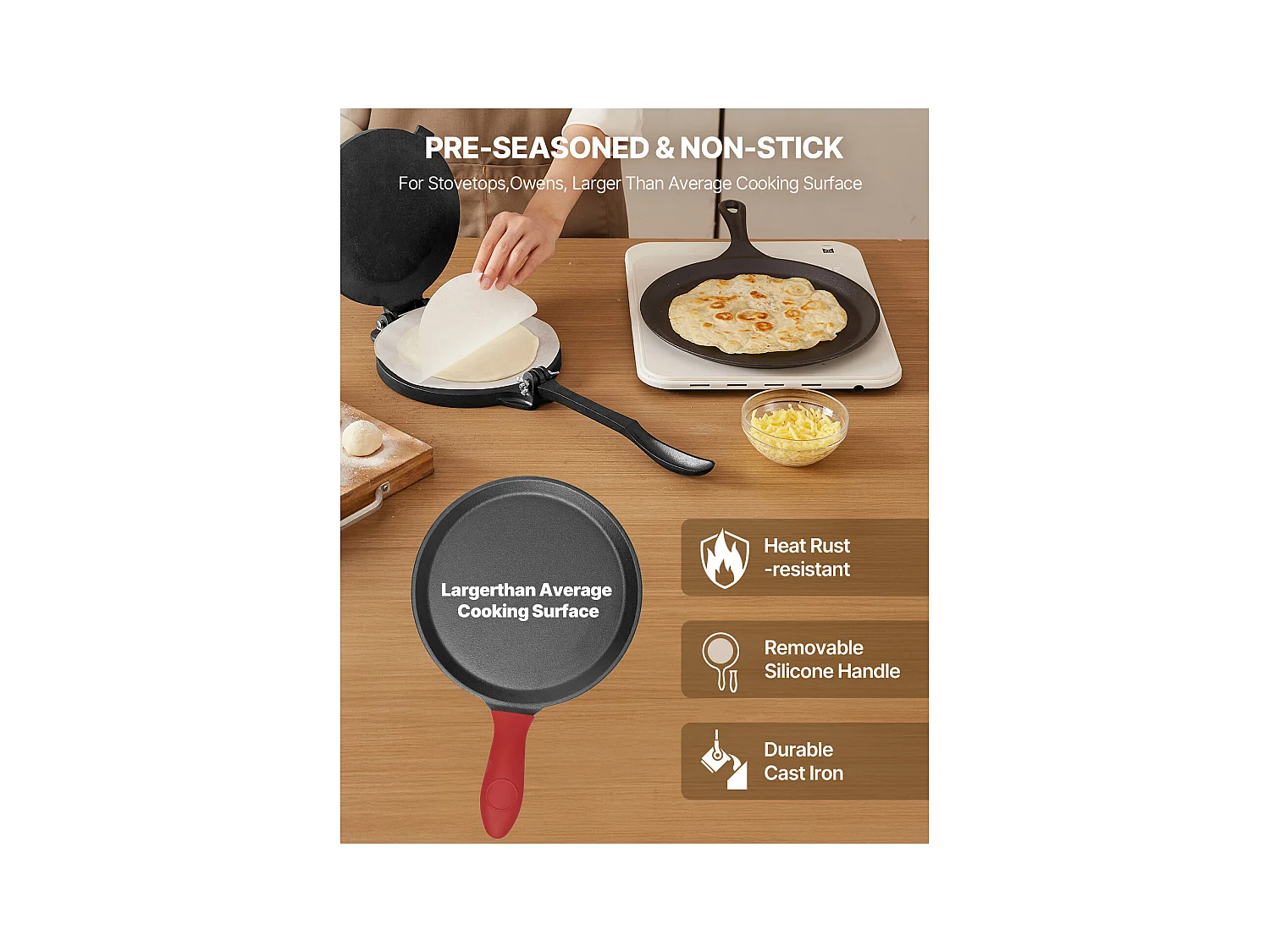 Presse à Tortillas SucceBuy en Fonte Résistant, Appareil à Chapati de 20 cm, avec Poignée et 100 Feuilles de Papiers-Parchemins, pour Tortilladoras