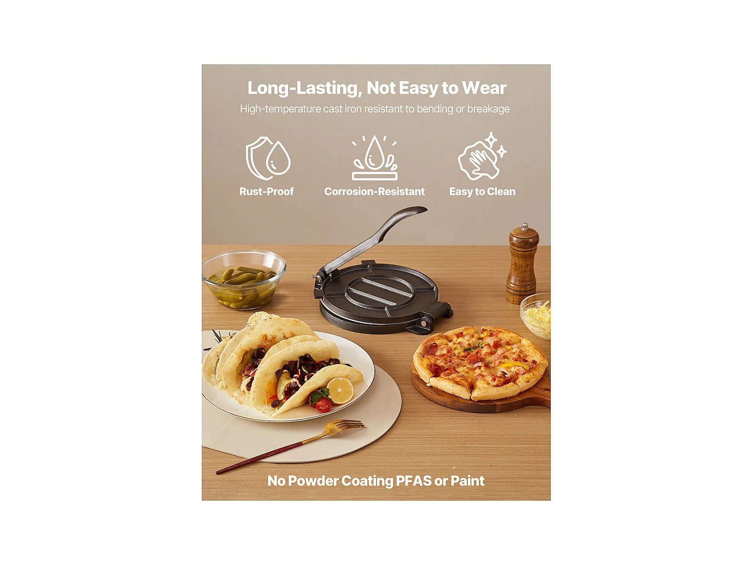 Presse à Tortillas SucceBuy en Fonte Résistant, Appareil à Chapati de 20 cm, avec Poignée et 100 Feuilles de Papiers-Parchemins, pour Tortilladoras