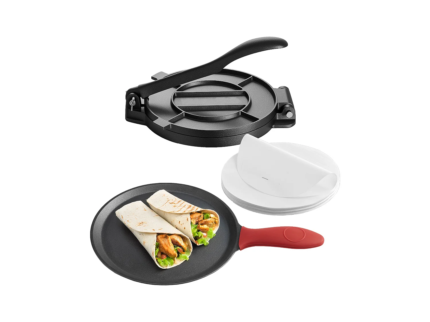 Presse à Tortillas SucceBuy en Fonte Résistant, Appareil à Chapati de 20 cm, avec Poignée et 100 Feuilles de Papiers-Parchemins, pour Tortilladoras