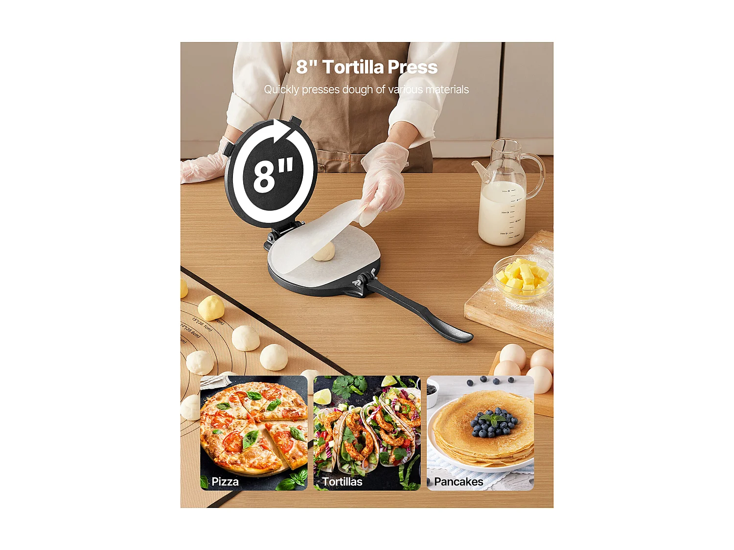 Presse à Tortillas SucceBuy en Fonte Résistant, Appareil à Chapati de 20 cm, avec Poignée et 100 Feuilles de Papiers-Parchemins, pour Tortilladoras