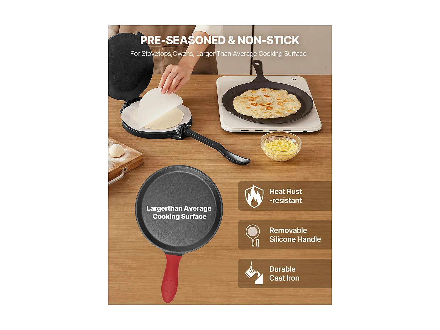 Presse à Tortillas SucceBuy en Fonte Résistant, Appareil à Chapati de 20 cm, avec Poignée et 100 Feuilles de Papiers-Parchemins, pour Tortilladoras