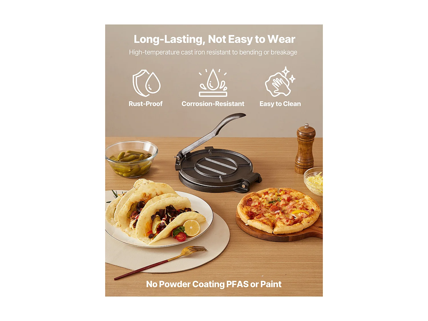 Presse à Tortillas SucceBuy en Fonte Résistant, Appareil à Chapati de 20 cm, avec Poignée et 100 Feuilles de Papiers-Parchemins, pour Tortilladoras