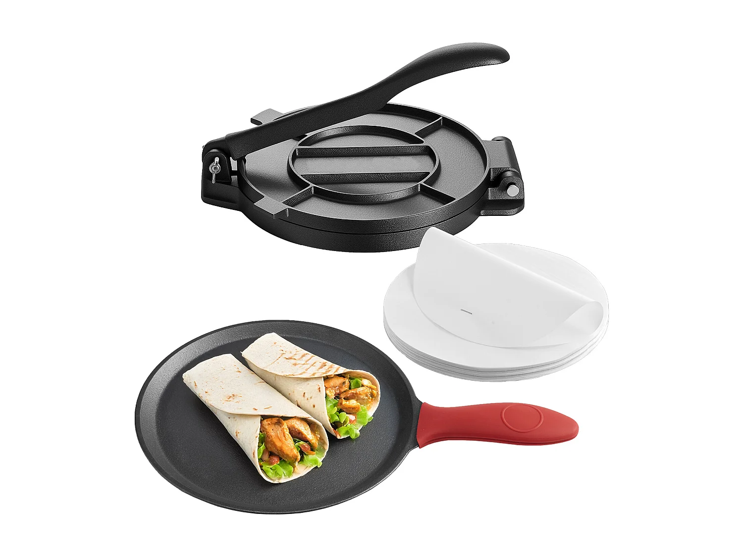 Presse à Tortillas SucceBuy en Fonte Résistant, Appareil à Chapati de 20 cm, avec Poignée et 100 Feuilles de Papiers-Parchemins, pour Tortilladoras