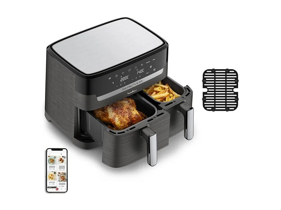 MOULINEX Friteuse sans huile 2 tiroirs, Friteuse a air et gril, 8 programmes, Air Fryer, Dual Easy Fry&Grill EZ905B20