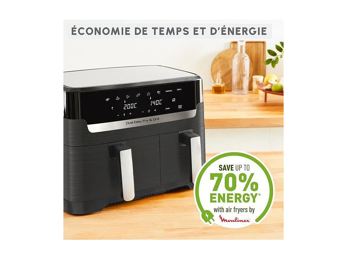 MOULINEX Friteuse sans huile 2 tiroirs, Friteuse a air et gril, 8 programmes, Air Fryer, Dual Easy Fry&Grill EZ905B20