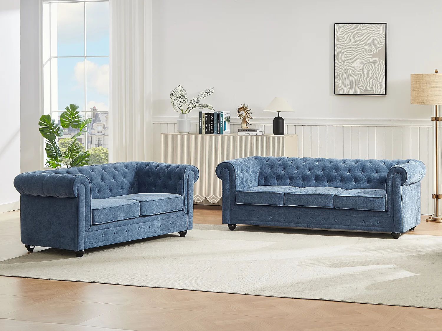 Canapés 3 places et 2 places en tissu bleu CHESTERFIELD