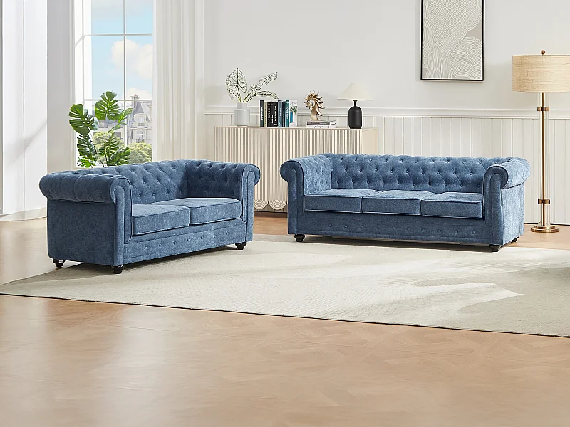 3-sits- och 2-yta-sittsoffor i blå tyg CHESTERFIELD
