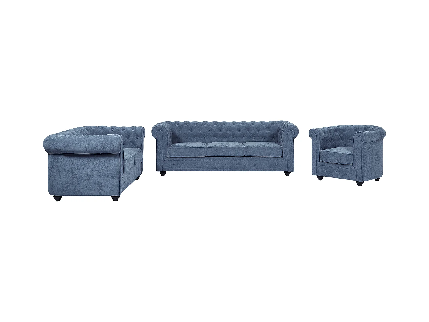 3-seters sofa, 2-seters sofa og lenestol i blått stoff CHESTERFIELD