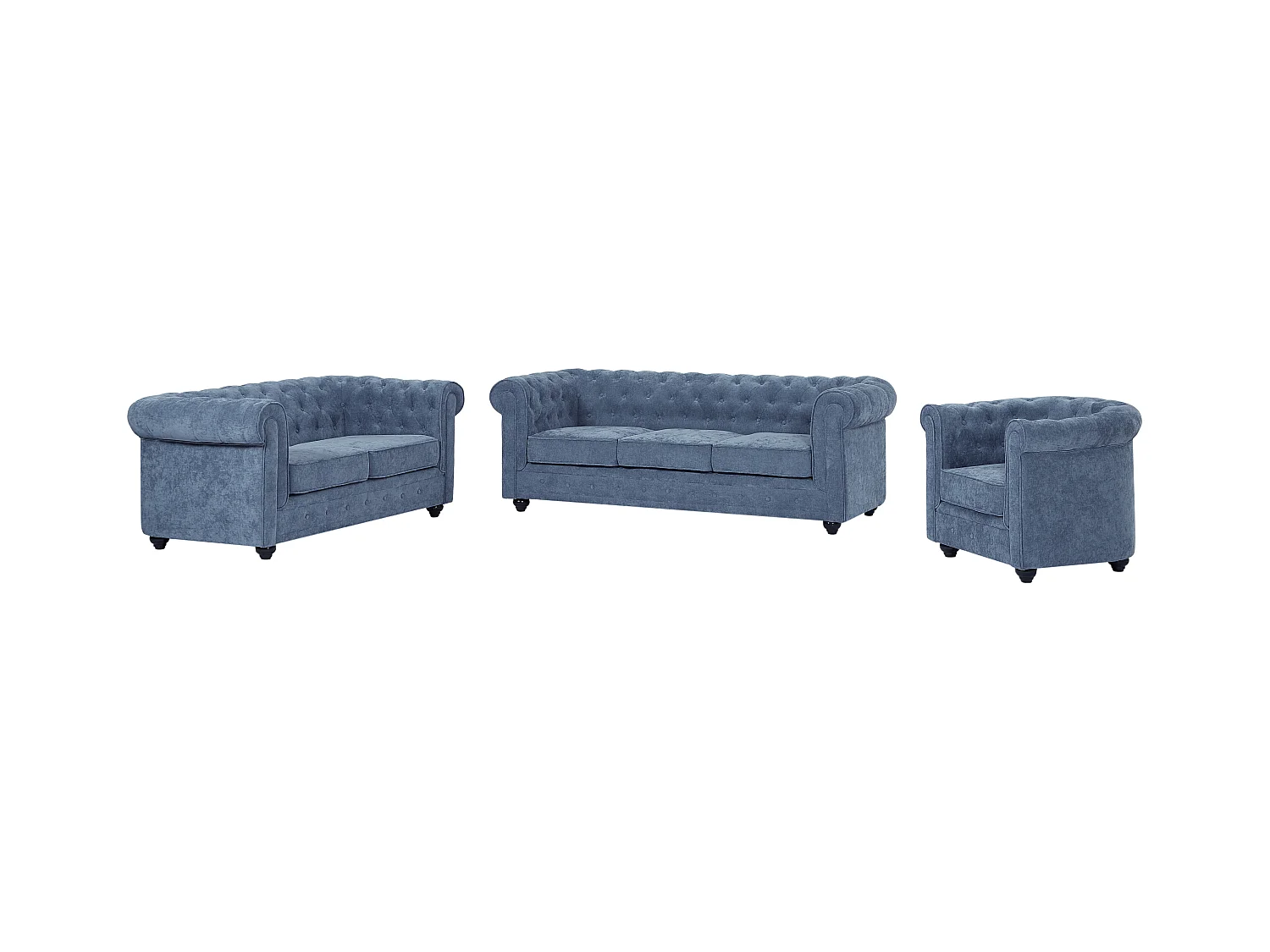 3-seters sofa, 2-seters sofa og lenestol i blått stoff CHESTERFIELD