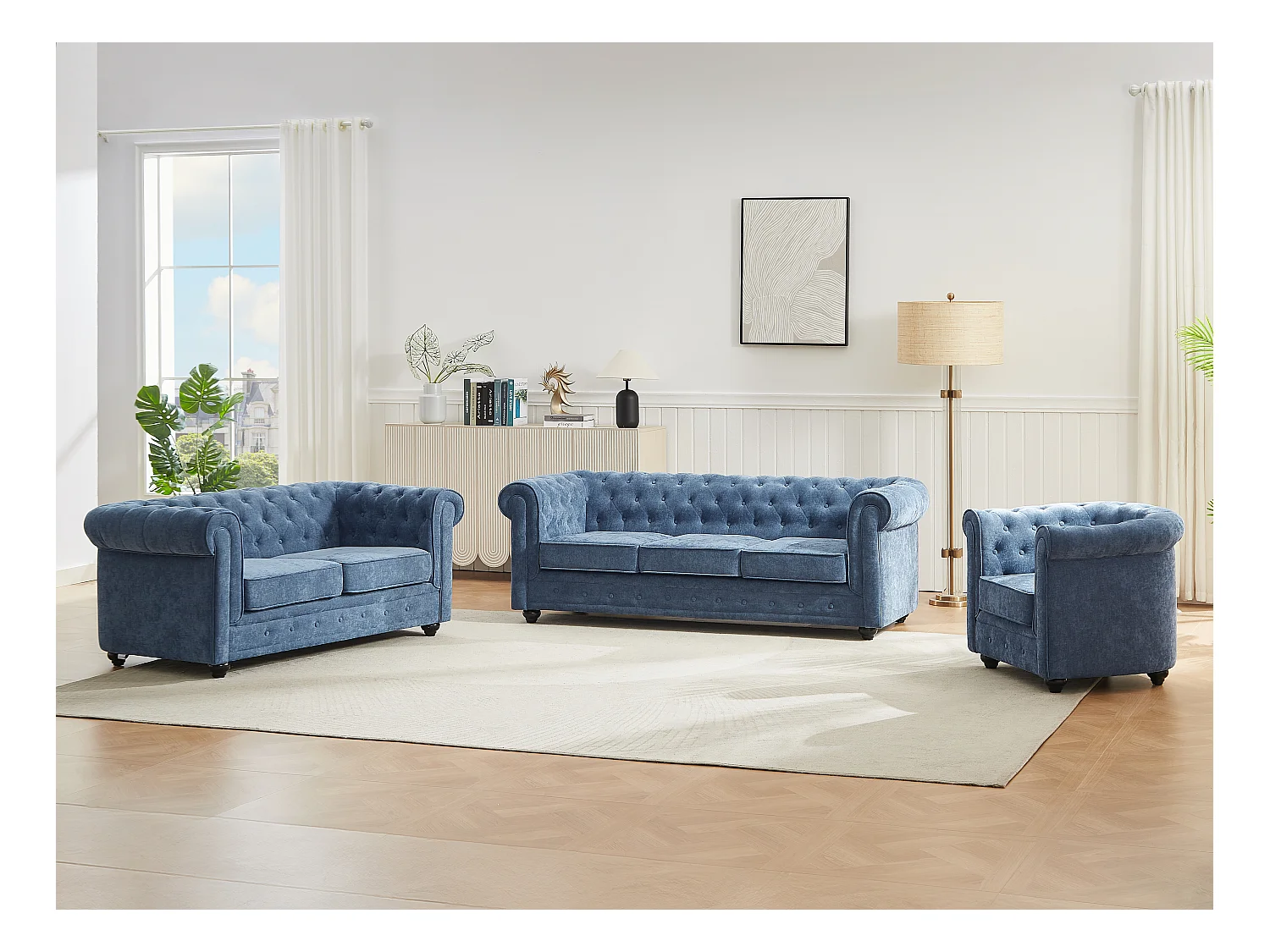 Canapés 3 places 2 places et un fauteuil en tissu bleu CHESTERFIELD