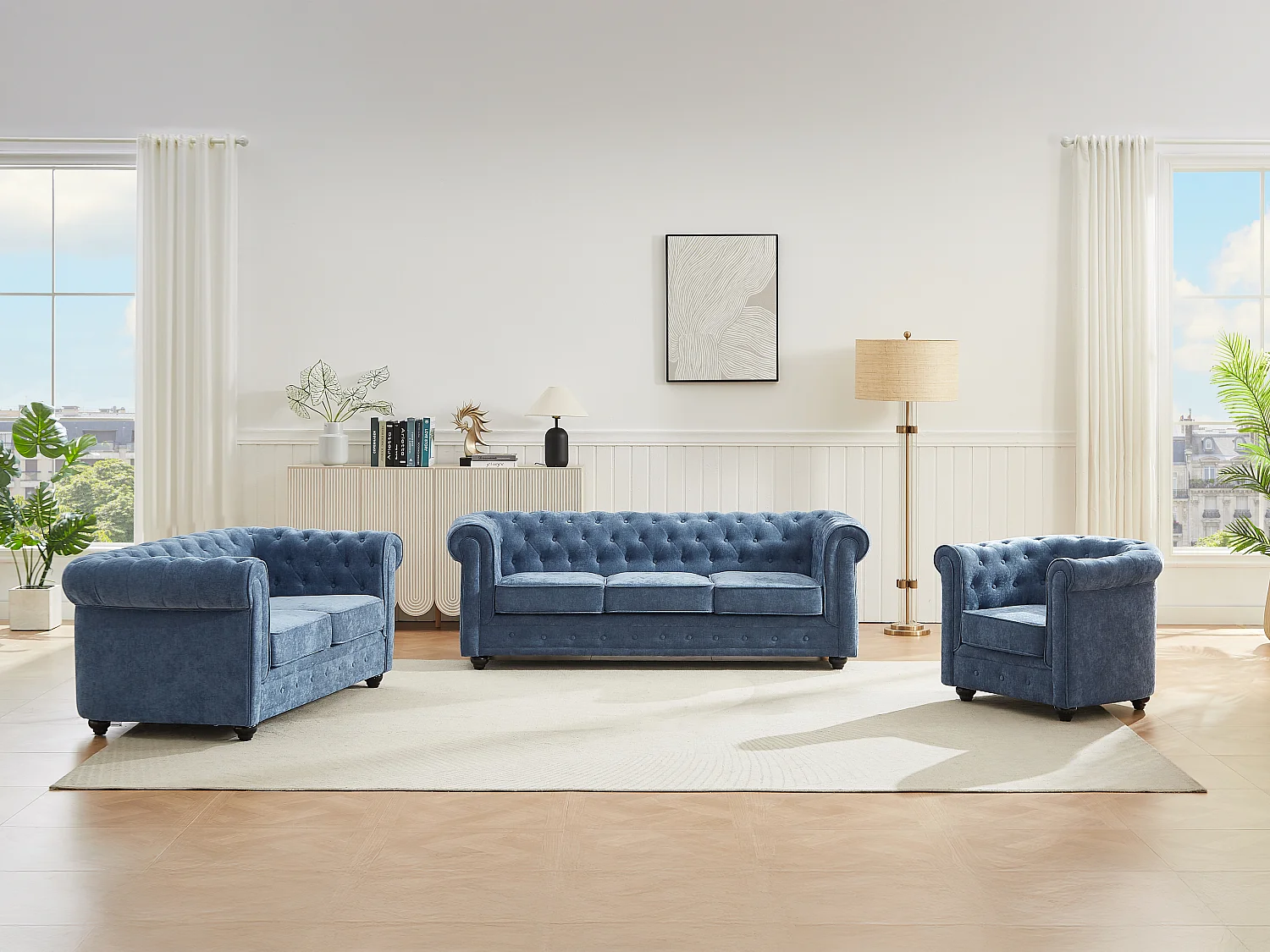 Canapés 3 places 2 places et un fauteuil en tissu bleu CHESTERFIELD