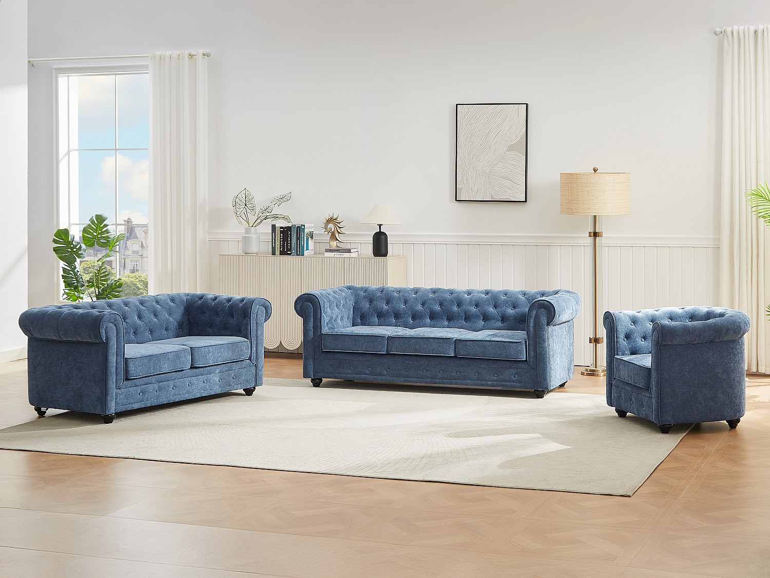 Sofa 3-Sitzer & 2-Sitzer & Sessel - Stoff - Blau - CHESTERFIELD günstig online kaufen