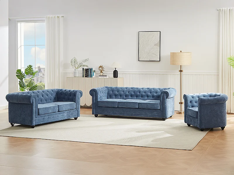 3-personers sofa, 2-personers sofa og lænestol i blåt stof CHESTERFIELD