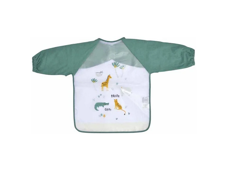 Bavoir à manches longues à motifs animaux - Vert et blanc - L 43 x l 32 cm - Gamme Savane