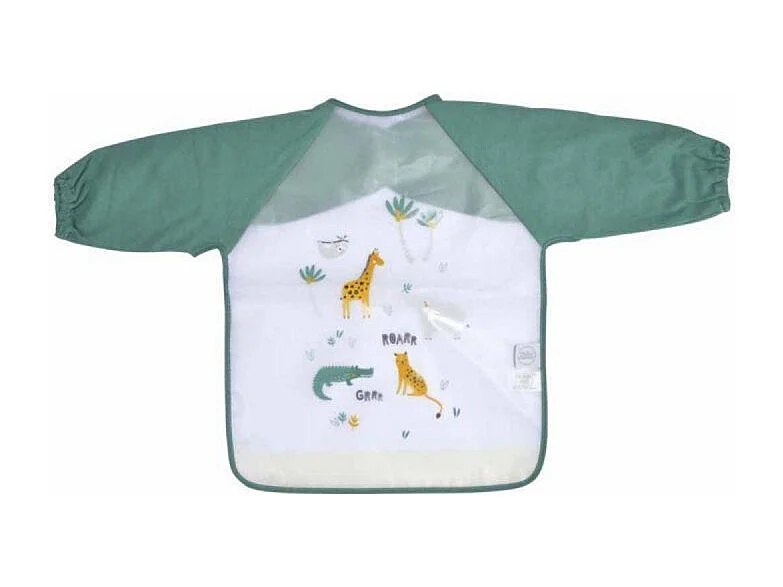 Bavoir à manches longues à motifs animaux - Vert et blanc - L 43 x l 32 cm - Gamme Savane