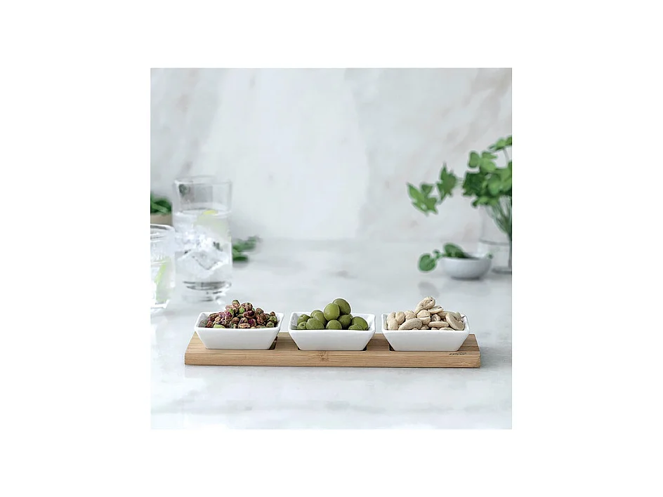 Set Plateau en Bois avec 3 Bols Lacor - Idéal pour Apéritifs et Présentation de Condiments