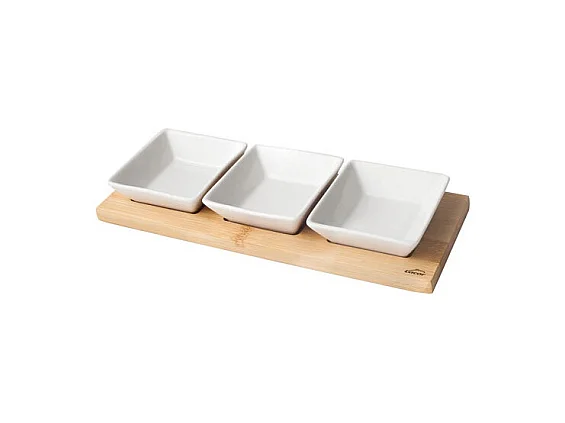 Conjunto de Prato em Madeira com 3 Tigelas Lacor - Ideal para Aperitivos e Apresentação de Condimentos