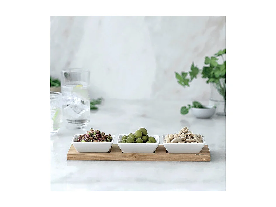 Set Plateau en Bois avec 3 Bols Lacor - Idéal pour Apéritifs et Présentation de Condiments
