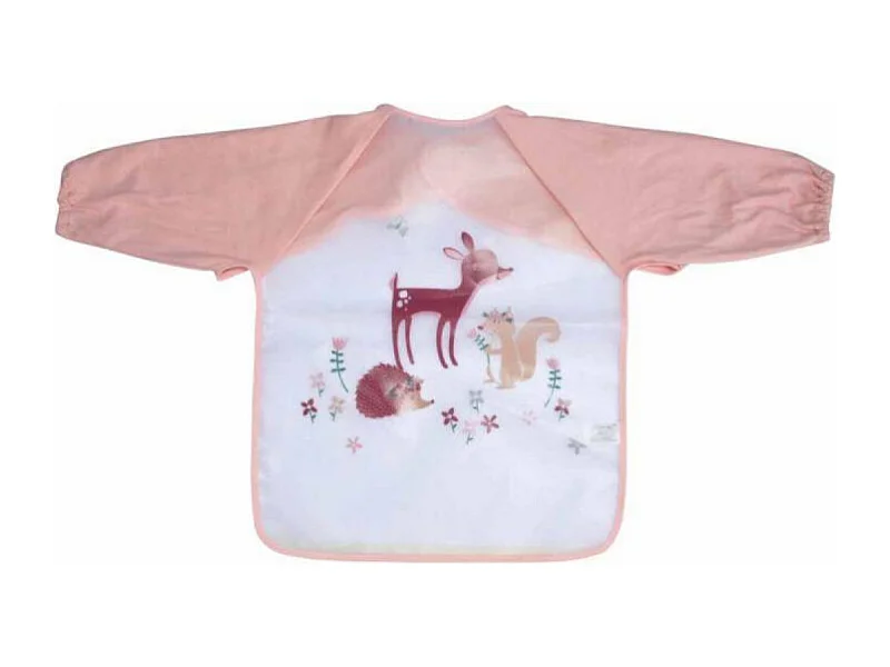 Bavoir à manches longues à motifs animaux - Rose et blanc - L 43 x l 32 cm - Gamme Forêt Magique