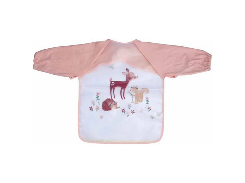 Bavoir à manches longues à motifs animaux - Rose et blanc - L 43 x l 32 cm - Gamme Forêt Magique