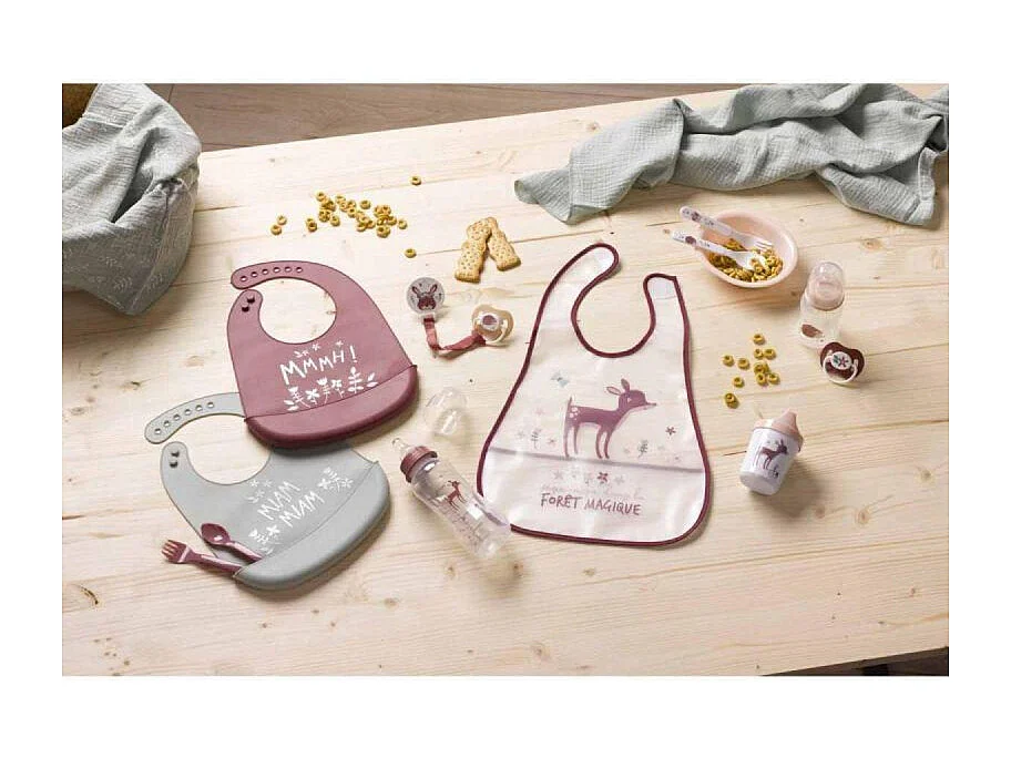 Bavoir à manches longues à motifs animaux - Rose et blanc - L 43 x l 32 cm - Gamme Forêt Magique