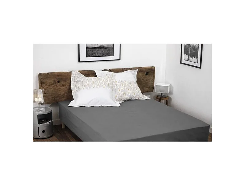 Drap Housse Uni 100% Coton Gris Foncé 140x190 cm - Bonnet 25cm