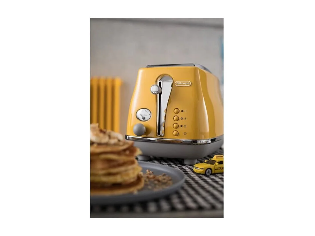 Toaster DELONGHI ICONA CAPITALS 2 tranches - 900W - Grille pain 3 fonctions - Chauffe viennoisseries inclus - Jaune