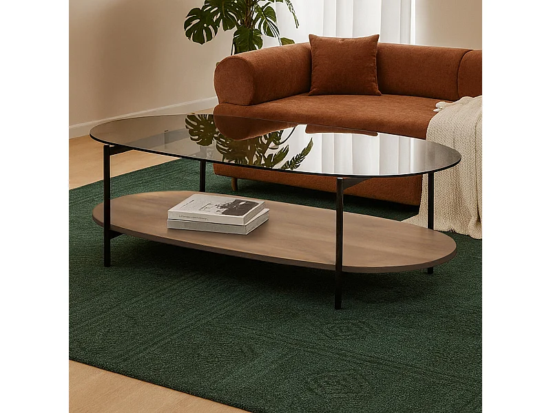 Moderne ovale salontafel L 120 cm in licht hout en glas