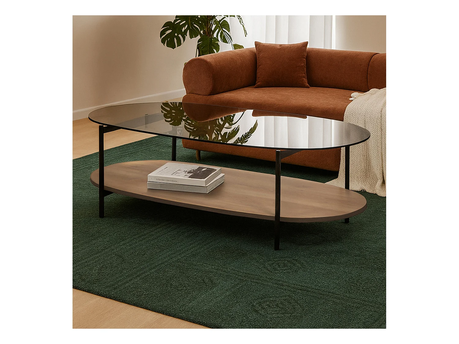 Table basse moderne ovale L 120 cm en verre bois clair