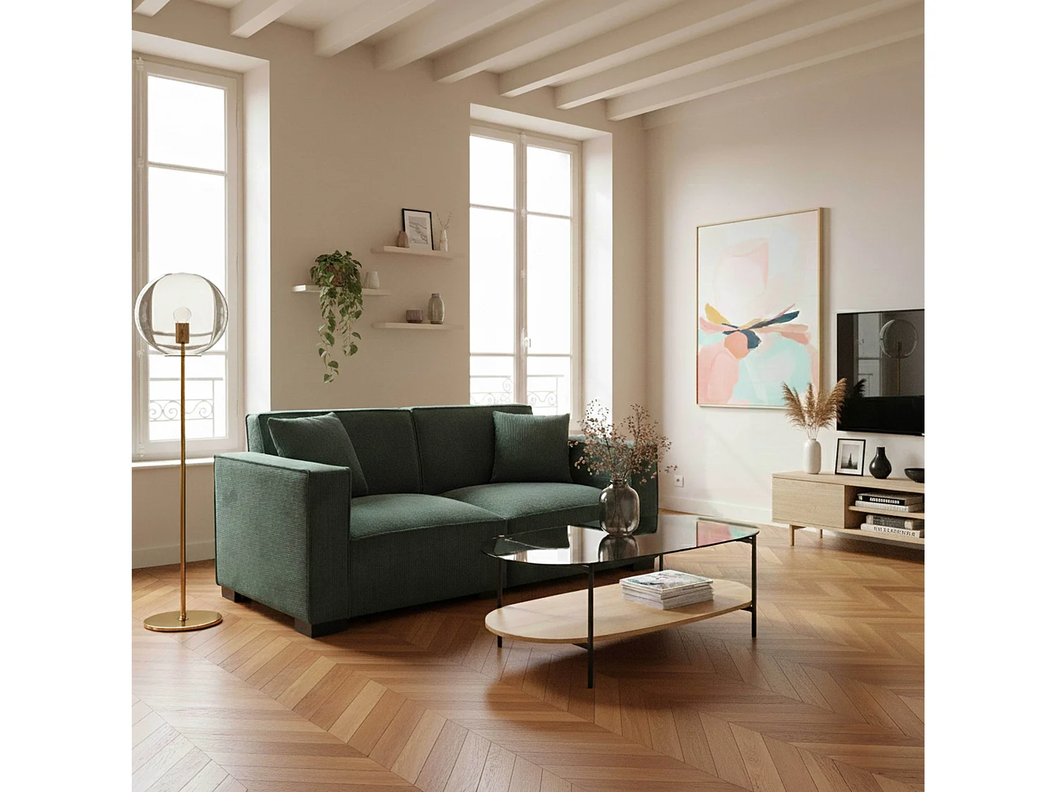 Table basse moderne ovale L 120 cm en verre bois clair