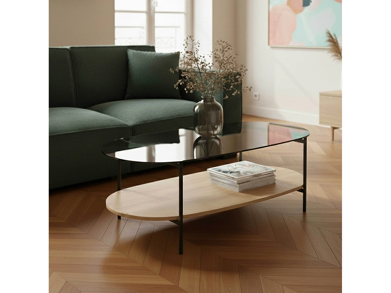 Table basse moderne ovale L 120 cm en verre bois clair