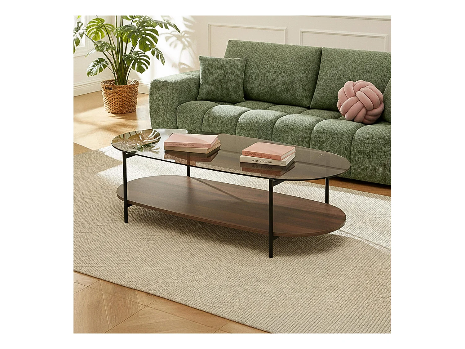 Table basse moderne ovale L 120 cm en verre marron