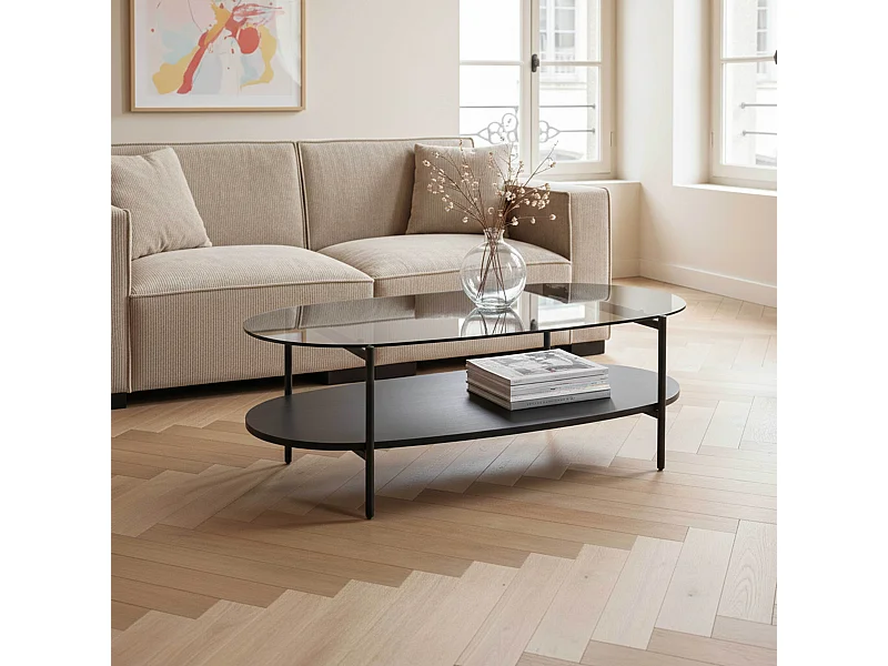 Moderne ovale salontafel L 120 cm in zwart hout en glas