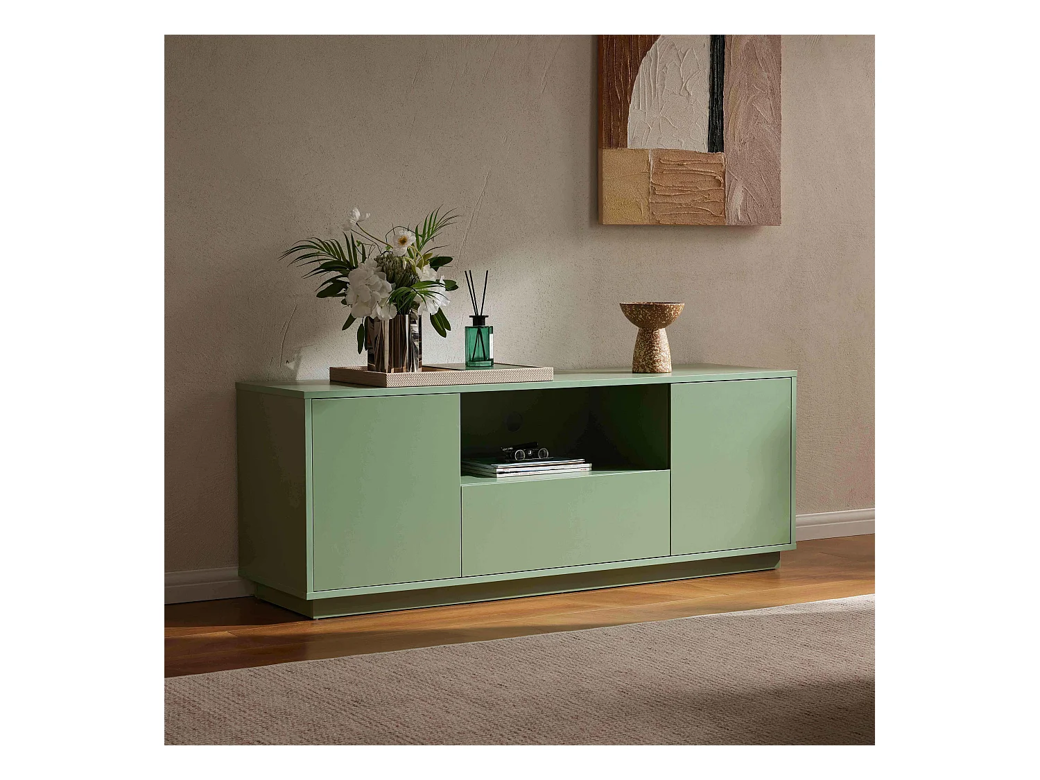 Meuble TV moderne rectangulaire L140 cm vert