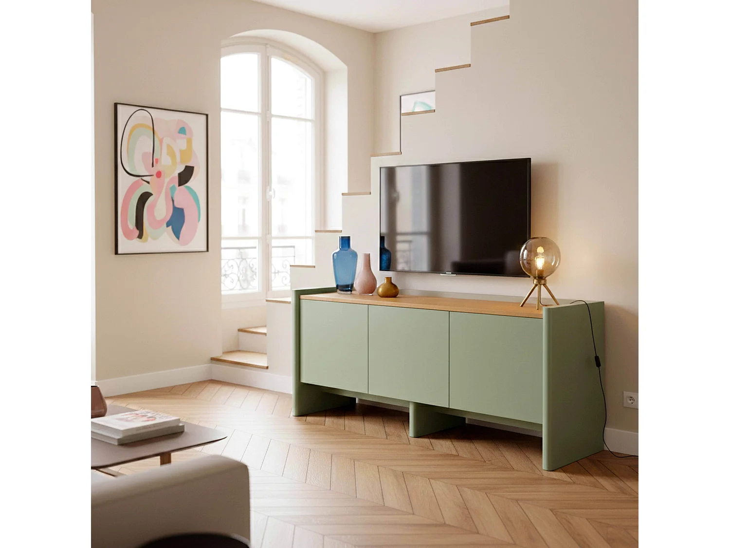 Effen retro tv-meubel rechthoekig L120 cm groen